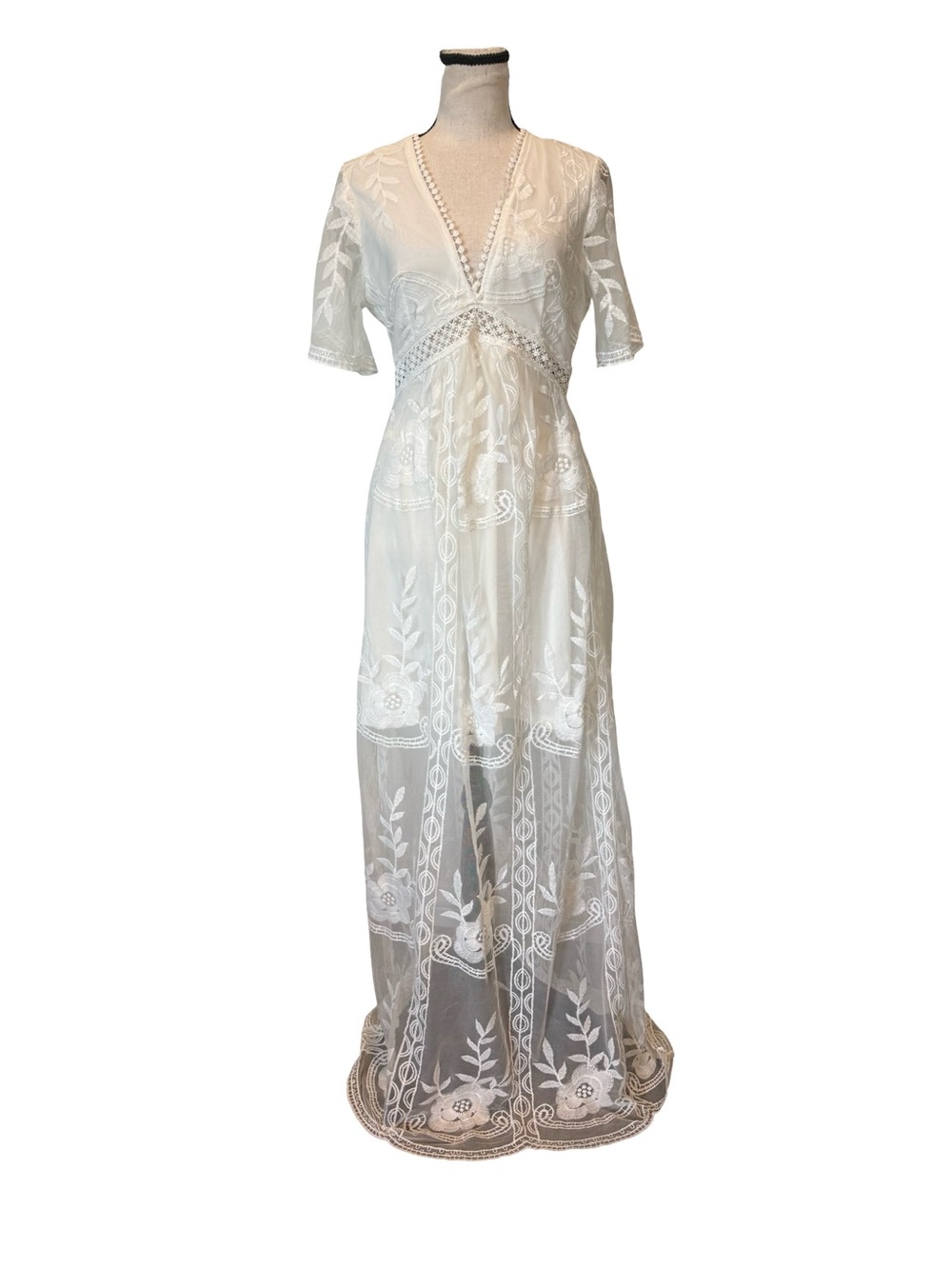 Boho White Embroidered Lace Maxi Dress Sheer Mesh Overlay Cottagecore Medium - Picture 8 of 13